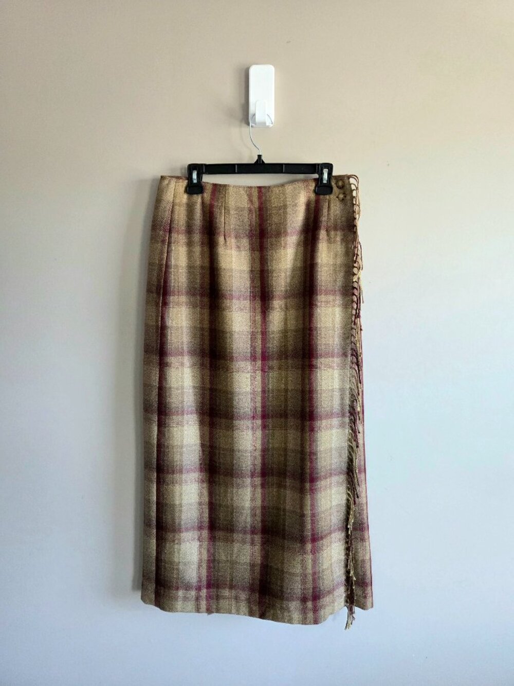 Vintage Talbots 100% Wool Fringe Wrap Maxi Plaid Skirt.